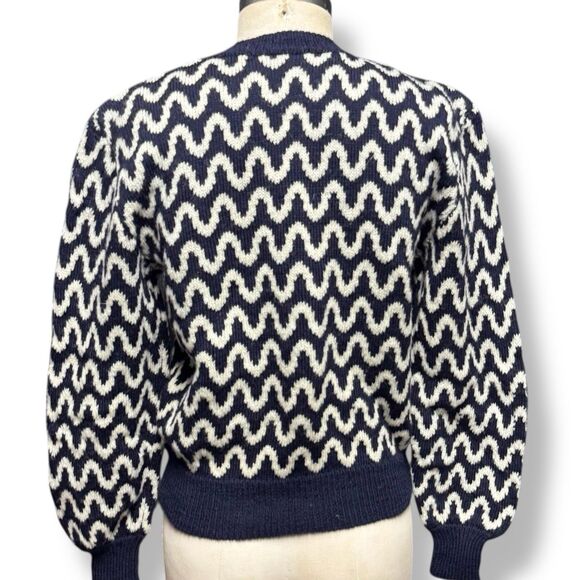 Vintage Women’s Wool Sweater S Blue Crop Zig Zag Geometric Puff Sleeve Artsy - Picture 2 of 9